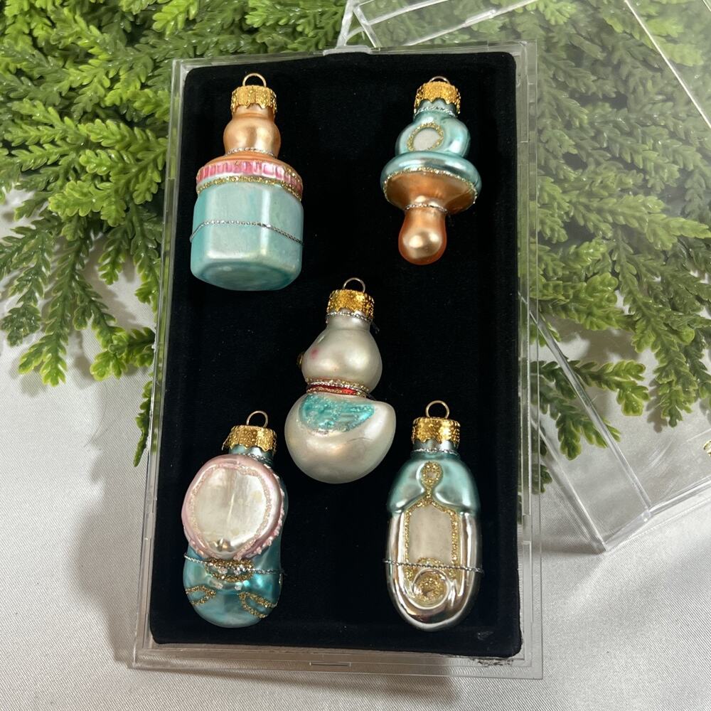 Unique Treasures Glass Ornaments New Baby’s First Christmas Boy Blue Set of 5